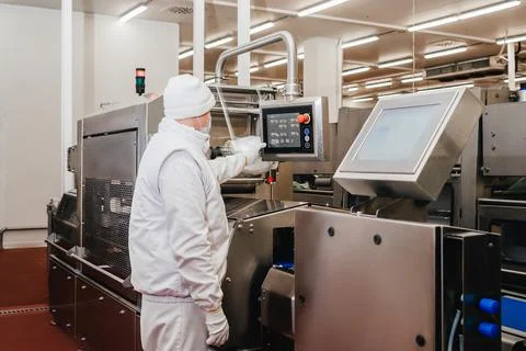 Modern poultry processing plant.Line for the production of semi-finished meat Stock Photos
