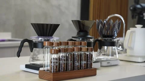 Modern Pour Over Coffee Station With Coffee Beans Stock Footage 341777309