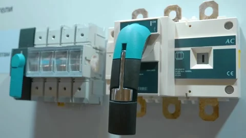 A modern, powerful, high-tech on-off switches with a huge knob at the exhibition Stock-Footage 333418831