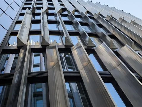 Modern Prague Skyscraper Facade, Geometric Design Stockfoto's