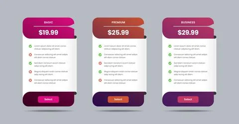 Modern pricing comparison table for product or business service subscriptions Illustrazione stock