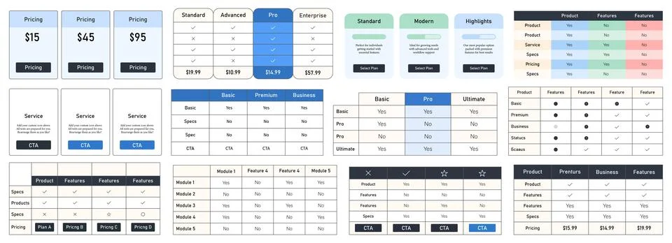 Modern pricing table and subscription plan comparison vector ui template set Stock Illustration