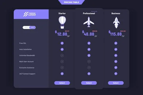 Modern pricing table design with 3 subscription plans. flat infographic prici Stock Illustration