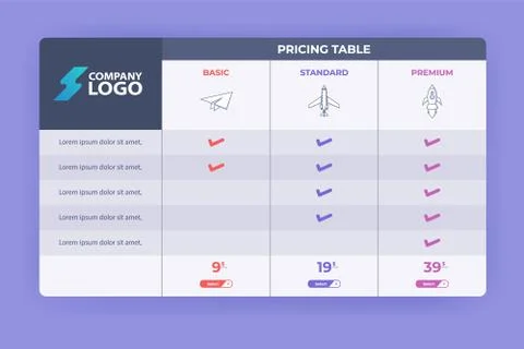 Modern Pricing Table Design with three Subscription Plans. Flat infographic p Stock Illustration