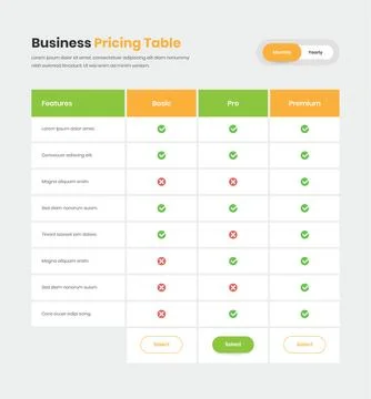 Modern pricing table template with check list for website interface design Stock Illustration