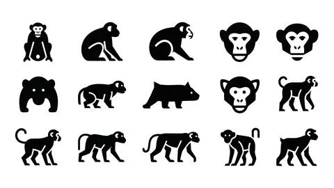 Modern primate silhouette set featuring monkey faces and various species in.. Illustrazione stock