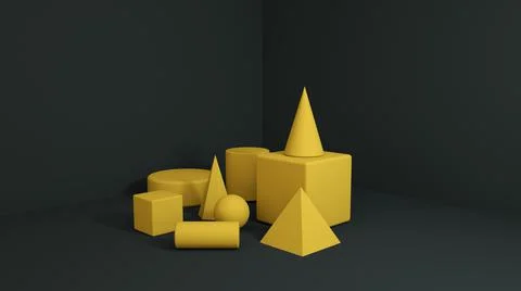 Modern Primitive yellow 3d shapes in corner .Minimal abstract background for Stock Illustration