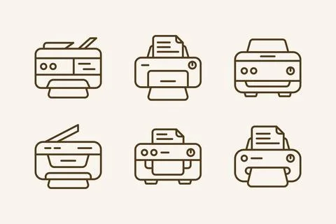 Modern printer and photocopy machine illustration line icon set design Stock Illustration
