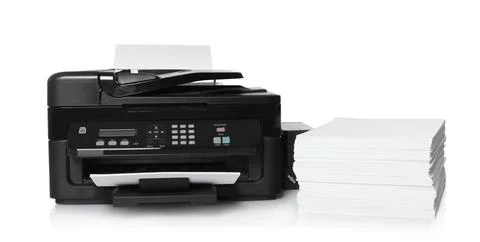 Modern printer and stack of paper on white background Foto stock