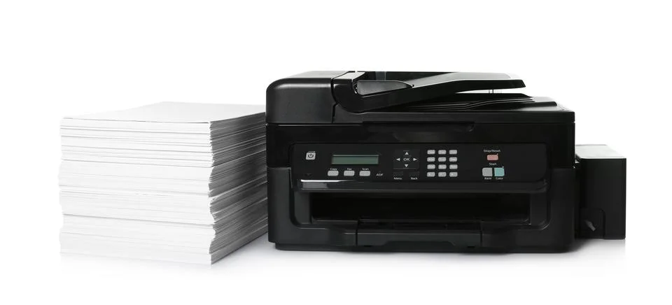 Modern printer and stack of paper on white background Foto stock