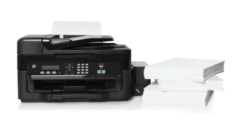 Modern printer and stack of paper on white background Foto stock