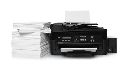 Modern printer and stack of paper on white background Foto stock