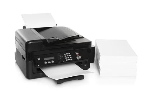 Modern printer and stack of paper on white background 스톡 사진