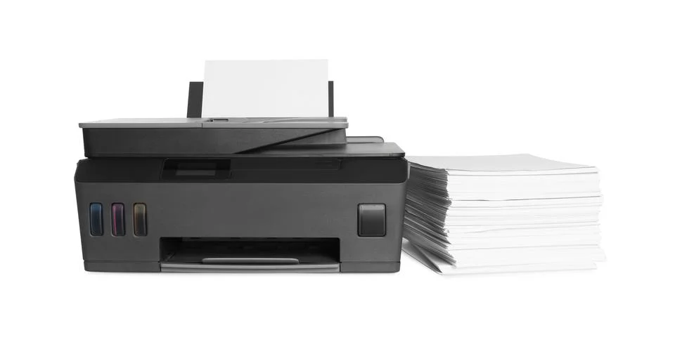 Modern printer and stack of paper on white background 库存照片