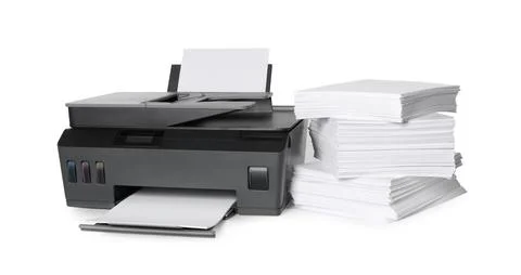Modern printer and stack of paper on white background Foto stock