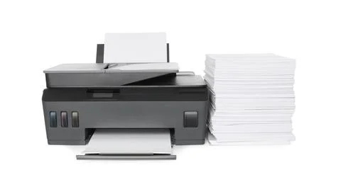 Modern printer and stack of paper on white background Stock Photos