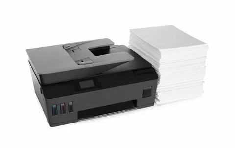 Modern printer and stack of paper on white background Stock Photos