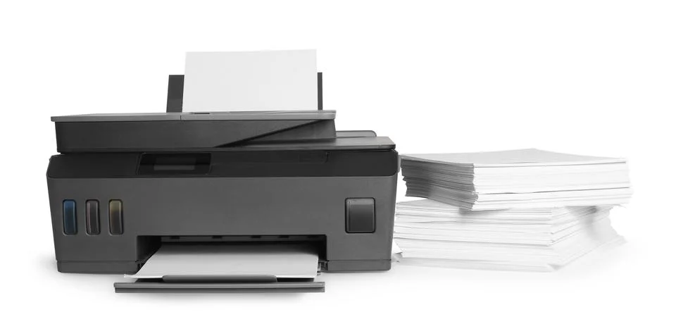Modern printer and stack of paper on white background Foto stock