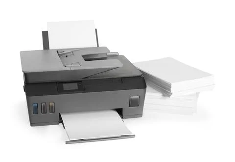 Modern printer and stack of paper on white background Foto stock