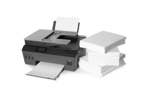 Modern printer and stack of paper on white background Foto stock