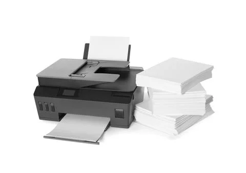 Modern printer and stack of paper on white background 库存照片