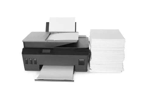 Modern printer and stack of paper on white background 库存照片