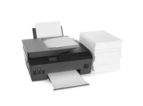 Modern printer and stack of paper on white background Foto stock