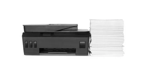 Modern printer and stack of paper on white background 스톡 사진