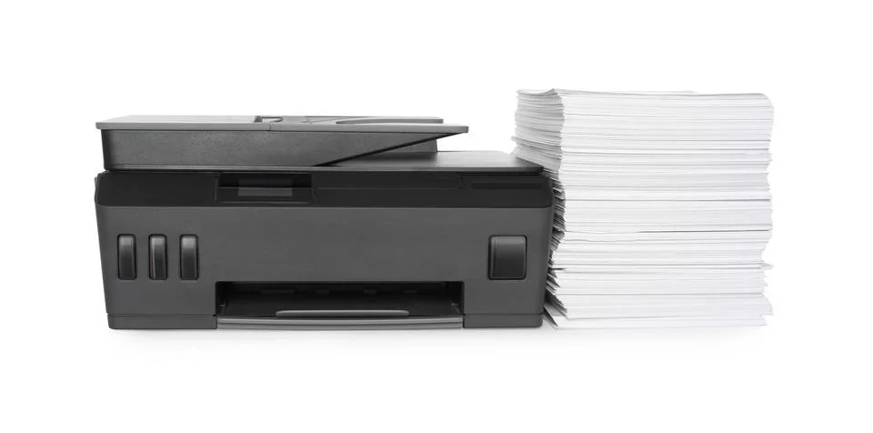 Modern printer and stack of paper on white background Foto stock