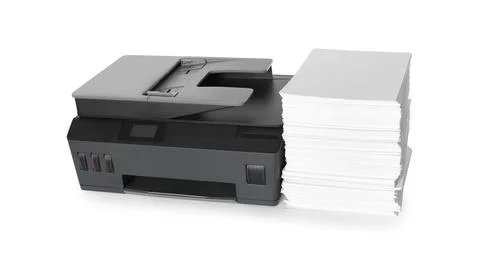Modern printer and stack of paper on white background 스톡 사진