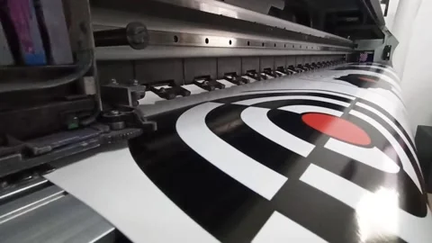 Modern printer printing on wide format. Oracal photo printing. Head of printer Stock Footage 225056040