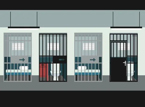 Modern prison corridor featuring multiple jail cells with iron bars, beds, .. Stock Illustration