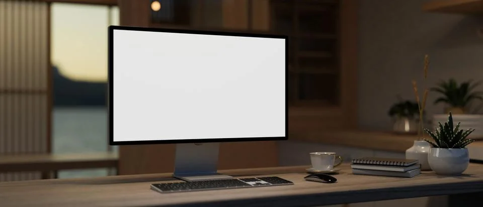 A modern private office with a PC computer and accessories on a table in a .. Stockillustratie