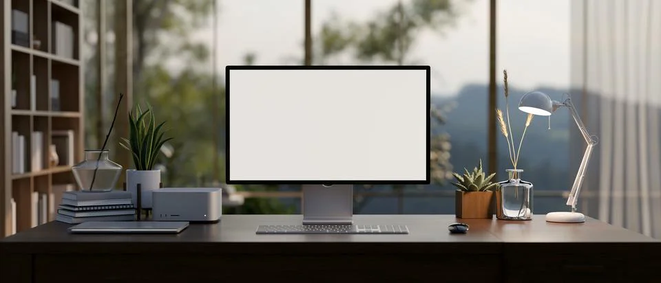 A modern private office room with a computer mockup on a desk, large glass .. Illustrazione stock