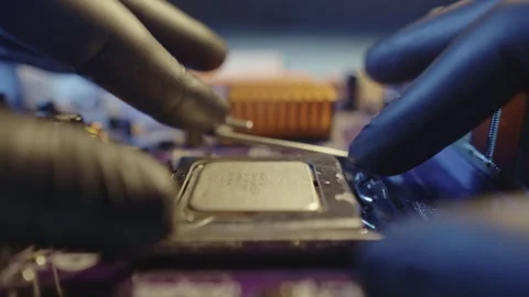 Modern processor CPU on the motherboard of the computer.  Stock Footage 284201357