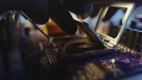 Modern processor CPU on the motherboard of the computer.  Stock Footage 284201473