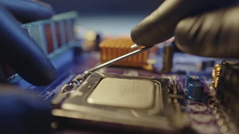 Modern processor CPU on the motherboard of the computer.  Stock Footage 284201567