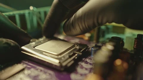 Modern processor CPU on the motherboard of the computer.  Stock Footage 284201784