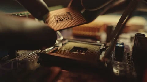 Modern processor CPU on the motherboard of the computer.  Stock Footage 284201855