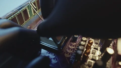 Modern processor CPU on the motherboard of the computer.  Stock Footage 284201922