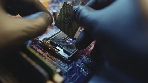 Modern processor CPU on the motherboard of the computer.  Stock Footage 284201949