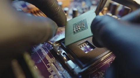 Modern processor CPU on the motherboard of the computer.  Stock Footage 284201989