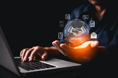 Modern procurement, smart digital interface featuring handshake icon symbol.. Stock Photos