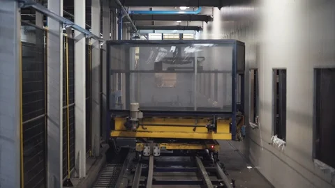 Modern production, automatic robot loaders transport cargo in stock, logistic Stock Footage 100352060