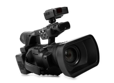 Modern professional video camera isolated on white Stock Photos