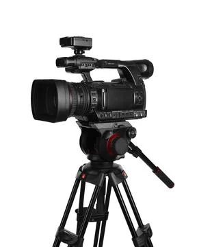 Modern professional video camera isolated on white Stock Photos