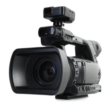 Modern professional video camera isolated on white Stock Photos