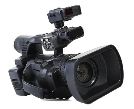 Modern professional video camera isolated on white Stock Photos