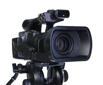Modern professional video camera isolated on white Stock Photos
