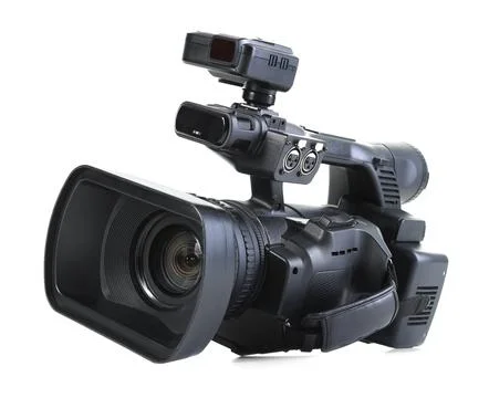 Modern professional video camera isolated on white Stock Photos